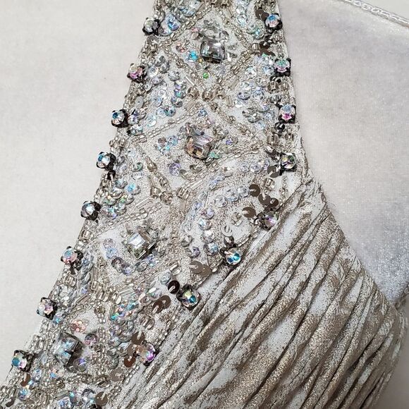 SATIN Snakeskin Silver Sequin Beaded Backless Side Slit Racerback Maxi Dress XS - Picture 6 of 16